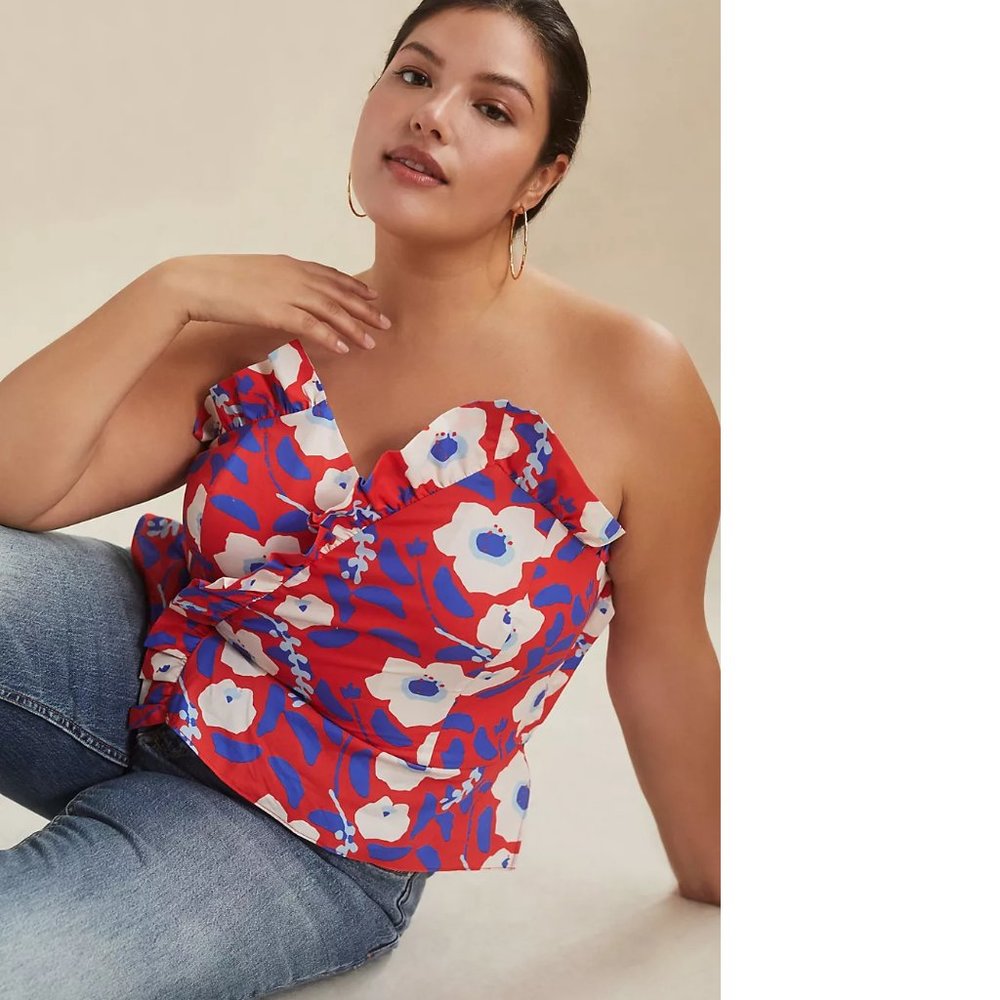 Anthropologie Red Floral Ruffled V-Neck Sleeveless Top - Picture 6 of 6